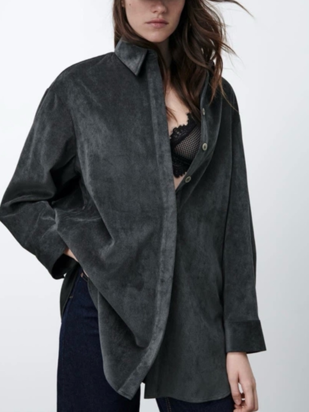 Zara Charcoal Suede Oversized Shirt Jacket - Women